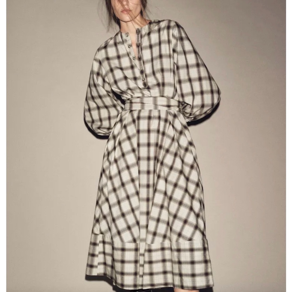 Plaid Belted Midi Dress in Ivory and Black